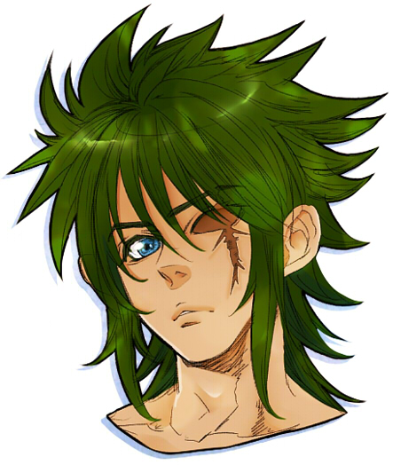 1boy blue_eyes green_hair kraken_isaac long_hair noe_(bkmnoo) one-eyed portrait saint_seiya scar simple_background solo white_background