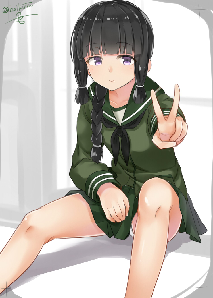 1girl artist_name bangs black_hair blunt_bangs braid isshiki_(ffmania7) kantai_collection kitakami_(kantai_collection) looking_at_viewer panties pantyshot pantyshot_(sitting) pleated_skirt school_uniform serafuku sitting skirt smile solo twitter_username underwear v violet_eyes white_panties