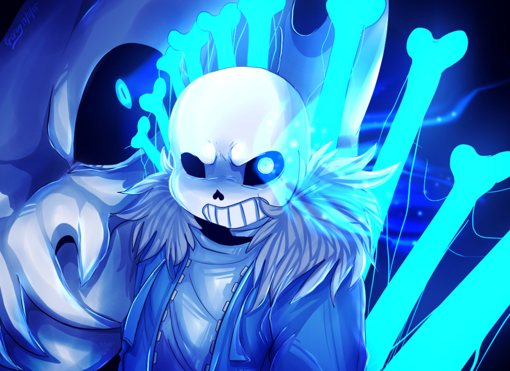 1boy bone dated gasterblaster glowing glowing_eye golzyblazey hoodie sans signature skeleton solo spoilers tagme undertale upper_body