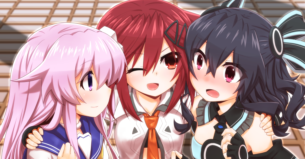 1girl 3girls bare_shoulders black_hair blush d-pad gloves hair_ornament long_hair mizunashi_(second_run) multiple_girls nepgear neptune_(series) open_mouth purple_hair red_eyes redhead shin_jigen_game_neptune_vii smile tennouboushi_uzume_(choujigen_game_neptune) twintails uni_(choujigen_game_neptune) violet_eyes