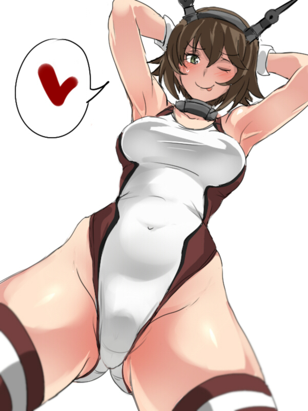 1girl :p armpits arms_behind_head ass_visible_through_thighs breasts brown_hair competition_swimsuit from_below green_eyes hair_between_eyes kantai_collection large_breasts looking_at_viewer mutsu_(kantai_collection) one-piece_swimsuit one_eye_closed short_hair solo swimsuit thigh-highs tongue tongue_out ulrich_(tagaragakuin) white_swimsuit
