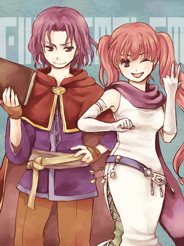 1boy 1girl :d bare_shoulders belly_chain book cape copyright_name dress elbow_gloves erk_(fire_emblem) fire_emblem fire_emblem:_rekka_no_ken gloves holding holding_book jewelry long_hair one_eye_closed open_mouth pink_hair scarf serra smile twintails v violet_eyes white_gloves yukaris