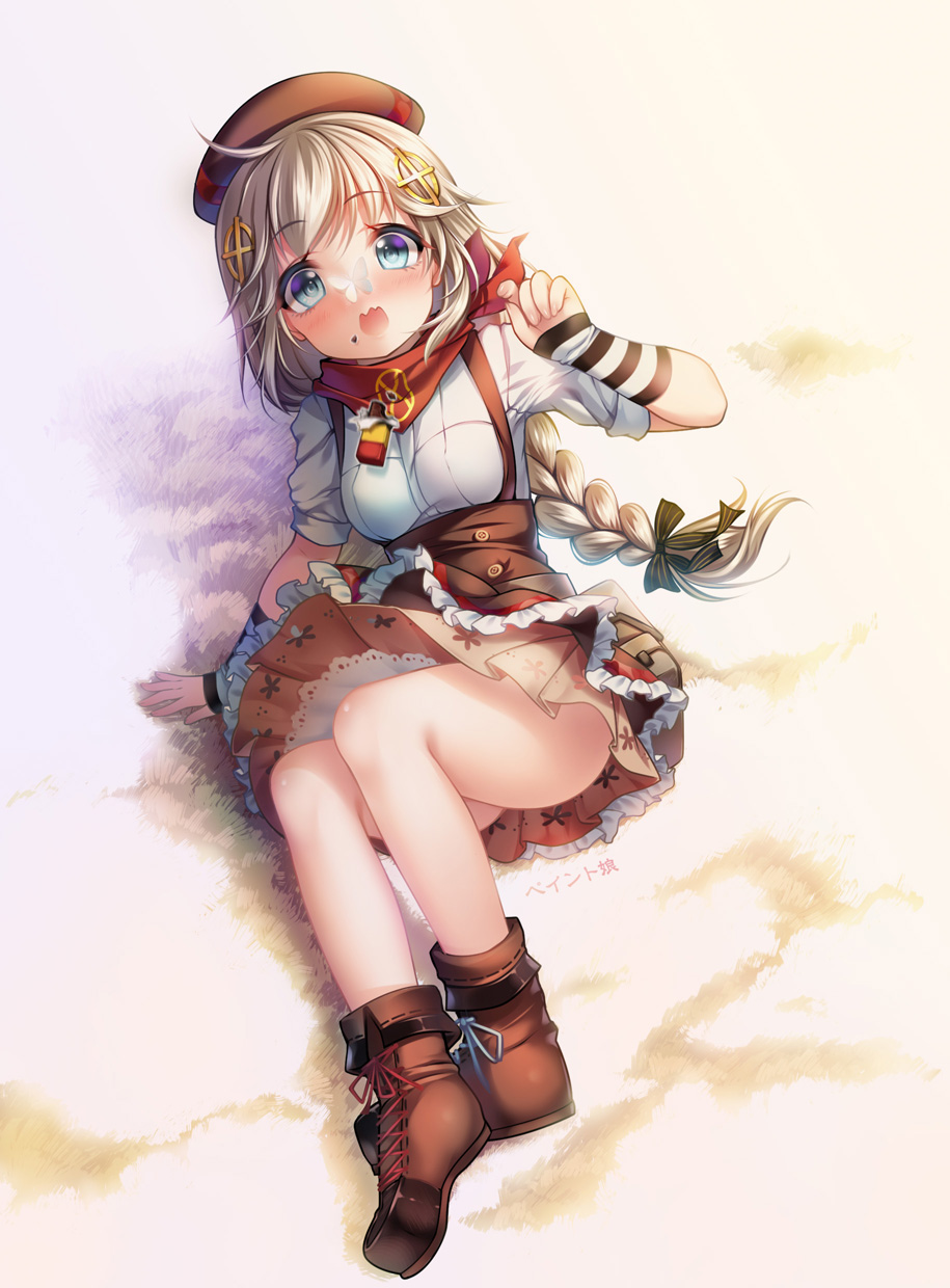 1girl assault_rifle blonde_hair blue_eyes blush boots braid butterfly candy character_request copyright_request fn_fnc gun hair_ribbon hat highres legs long_hair lying open_mouth personification ribbon rifle single_braid skirt solo tagme wavy_mouth weapon youqiniang