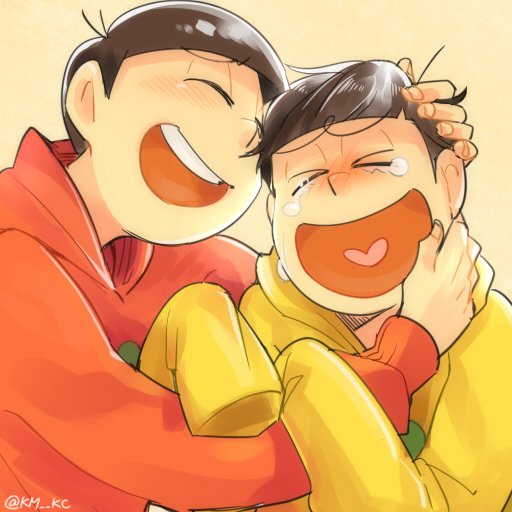 &gt;_&lt; 2boys anubisu-no-sinpan bowl_cut brothers brown_hair closed_eyes commentary_request hand_in_hair heart heart_in_mouth hoodie jyushimatsu multiple_boys osomatsu-kun osomatsu-san osomatsu_(osomatsu-kun) siblings sleeves_past_wrists smile twitter_username upper_body