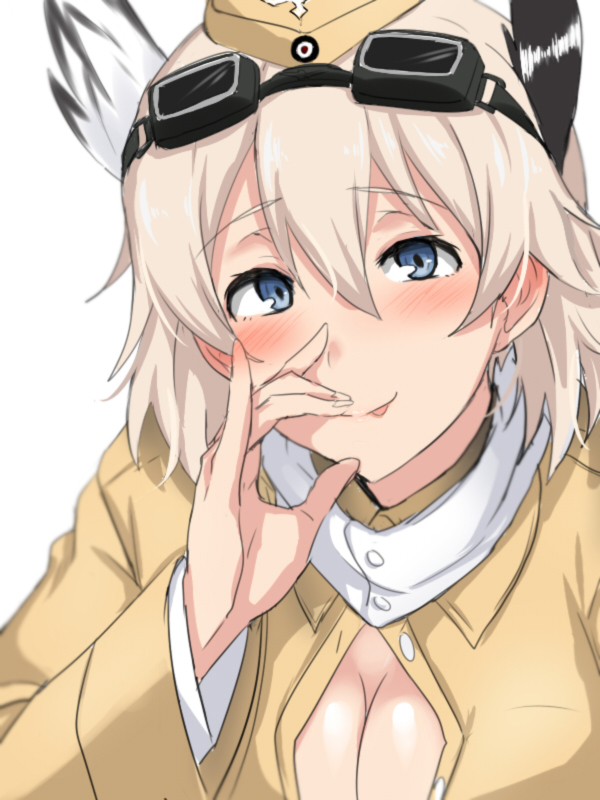 1girl animal_ears blonde_hair blue_eyes blush breasts cleavage garrison_cap goggles goggles_on_head hand_up hat head_wings military military_uniform raisa_pottgen sexually_suggestive short_hair smile solo strike_witches ulrich_(tagaragakuin) uniform