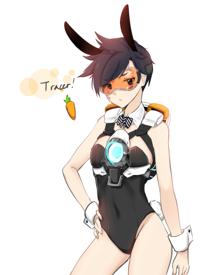 1girl animal_ears bangs black_eyes black_hair black_leotard blush bunny_girl bunny_tail bunnysuit carrot character_name choker covered_navel detached_collar eyebrows eyebrows_visible_through_hair fake_animal_ears goggles groin hand_on_hip harness legs leotard looking_at_viewer overwatch rabbit_ears ribbon_choker short_hair simple_background solo strapless strapless_leotard stripped swept_bangs tail tracer_(overwatch) white_background wrist_cuffs