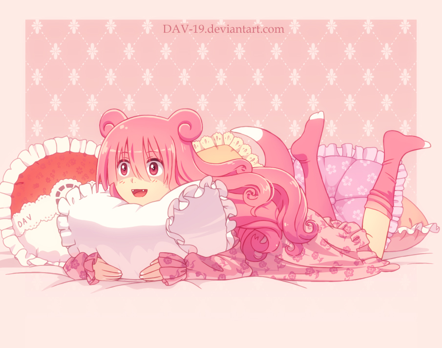 1girl :d animal_ears curly_hair dav-19 fangs floral_print legs_up long_hair lying on_bed on_stomach open_mouth pajamas personification pillow pillow_hug pink_eyes pink_hair pink_legwear pokemon slowpoke smile socks solo tail watermark web_address