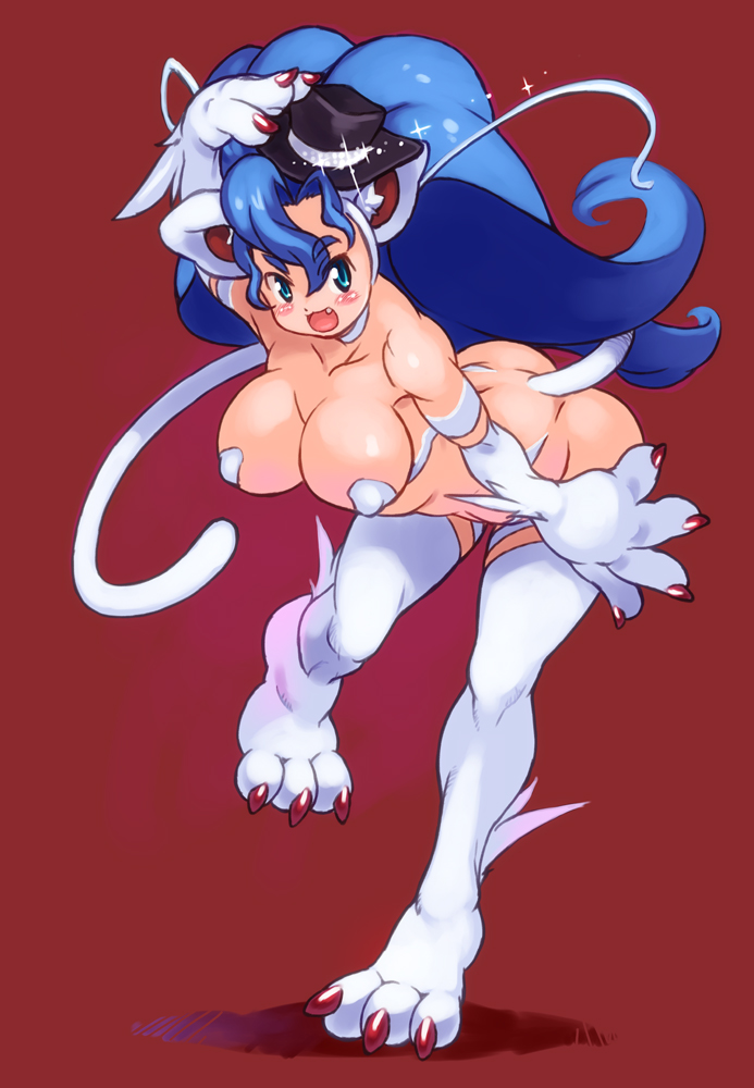 1girl :3 :d animal_ears big_hair blue_eyes blue_hair breasts cat_ears cat_girl cat_paws cat_tail fedora felicia full_body hat holding holding_hat large_breasts leaning_forward long_hair open_mouth paws red_background simple_background smile solo standing_on_one_leg tail vampire_(game) yu_3