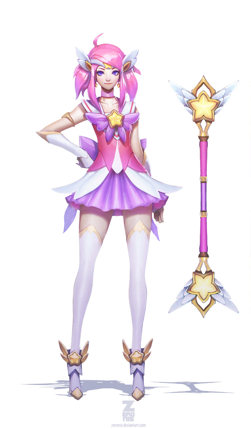 1girl alternate_costume alternate_hair_color alternate_hairstyle brooch choker concept_art earrings elbow_gloves full_body gloves hand_on_hip highres jewelry league_of_legends luxanna_crownguard magical_girl official_art paul_kwon pink_hair solo standing star star_guardian_lux thigh-highs tiara wand white_background zettai_ryouiki
