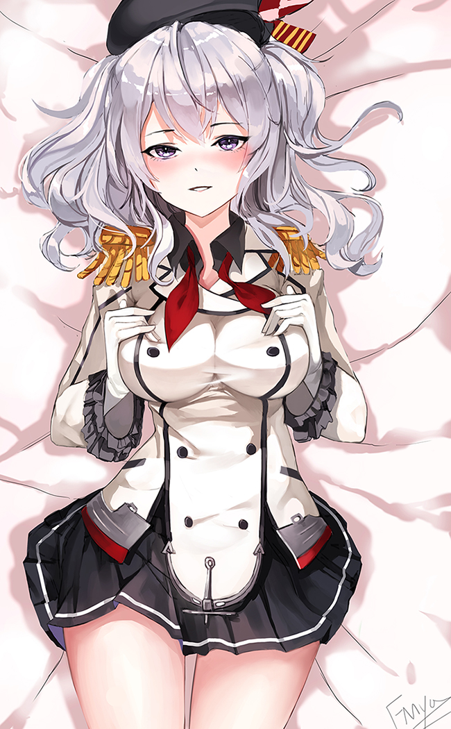 1girl beret breast_suppress breasts epaulettes frilled_sleeves frills hair_between_eyes hat kantai_collection kashima_(kantai_collection) large_breasts long_hair looking_at_viewer lying military military_uniform miniskirt on_back pleated_skirt shirt sidelocks silver_hair skirt smile solo taut_clothes taut_shirt twintails uniform untied violet_eyes wavy_hair yumaomi