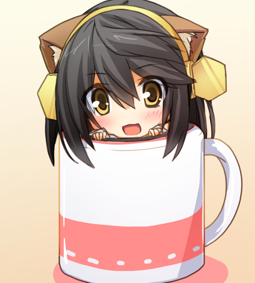 1girl :d animal_ears black_hair blush chibi commentary_request cup haruna_(kantai_collection) ichikawa_noa kantai_collection kemonomimi_mode looking_at_viewer mug open_mouth smile solo yellow_eyes