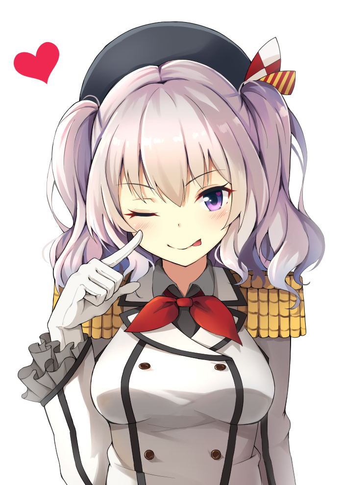 1girl ;p ascot beret blue_eyes cheek_poking epaulettes frilled_sleeves frills gloves hair_between_eyes hat heart kantai_collection kashima_(kantai_collection) li_yang long_hair military_jacket one_eye_closed poking sidelocks silver_hair simple_background smile solo tongue tongue_out tsurime twintails uniform wavy_hair white_background white_gloves