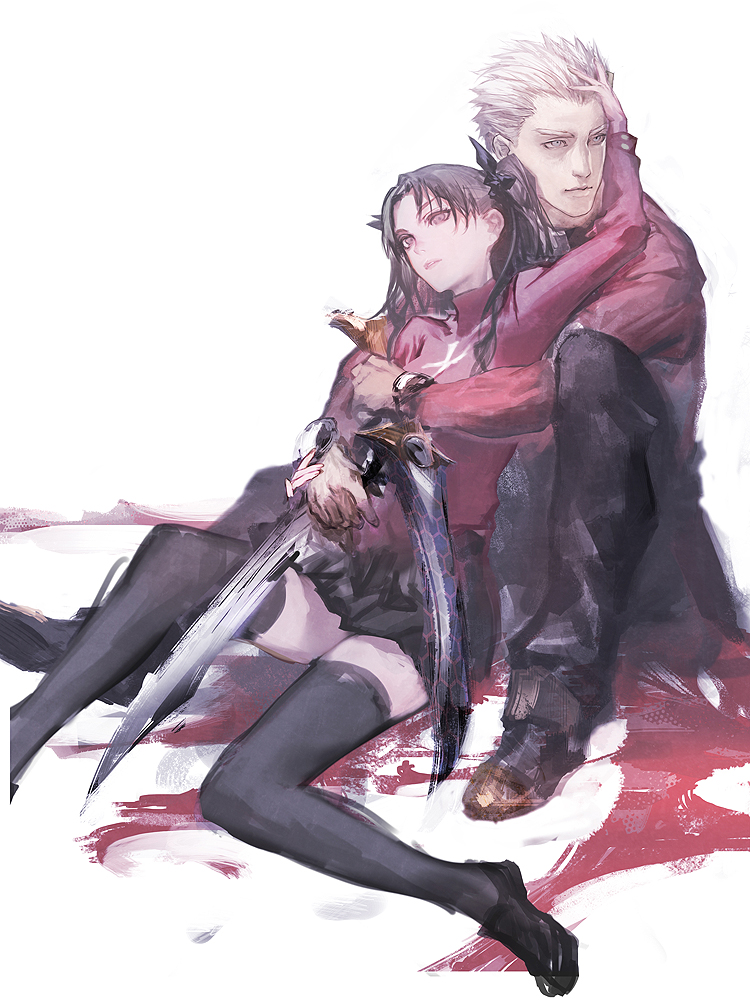 1boy 1girl archer bangs black_hair black_legwear black_ribbon closed_mouth cross fate/stay_night fate_(series) hair_ribbon hand_on_another's_head hand_on_hand holding_hands hug hug_from_behind long_hair long_sleeves looking_away ochurucchuru pants parted_bangs ribbon simple_background sitting sketch skirt spiky_hair thigh-highs toosaka_rin turtleneck two_side_up watch watch weapon white_background white_hair zettai_ryouiki