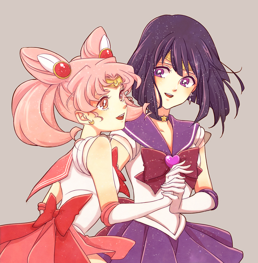 2girls bishoujo_senshi_sailor_moon black_hair bow brooch chibi_usa choker cowboy_shot crescent_earrings double_bun earrings elbow_gloves gloves grey_background hair_ornament hairpin holding_hands inahachi jewelry magical_girl multiple_girls pink_eyes pink_hair pink_skirt pleated_skirt purple_bow purple_skirt red_bow sailor_chibi_moon sailor_collar sailor_saturn sailor_senshi short_hair skirt smile super_sailor_saturn tiara tomoe_hotaru twintails violet_eyes white_gloves