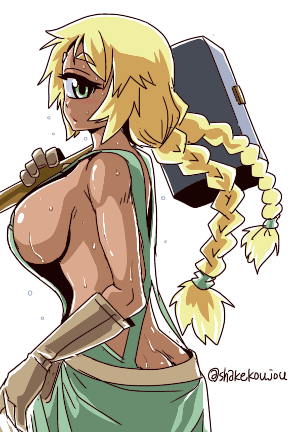 1girl blonde_hair braid breasts butt_crack cowboy_shot cyclops cyclops_(monster_musume) dark_skin gloves green_eyes hammer large_breasts long_hair monster_musume_no_iru_nichijou naked_overalls one-eyed overalls shake-o sideboob simple_background solo sweat twin_braids twitter_username white_background