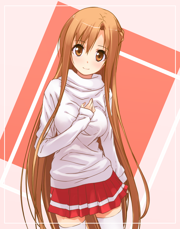 1girl asuna_(sao) brown_eyes brown_hair commentary_request female hand_on_own_chest ichikawa_noa long_hair looking_at_viewer skirt smile solo sweater sword_art_online thigh-highs very_long_hair white_legwear