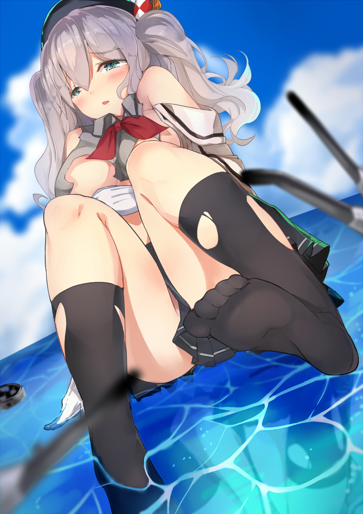1girl bent_knees blue_eyes blush bow breasts hat kantai_collection kashima_(kantai_collection) long_hair silver_hair solo thighs torn_clothes torn_kneehighs under_boob water zzzzxxx2010nian