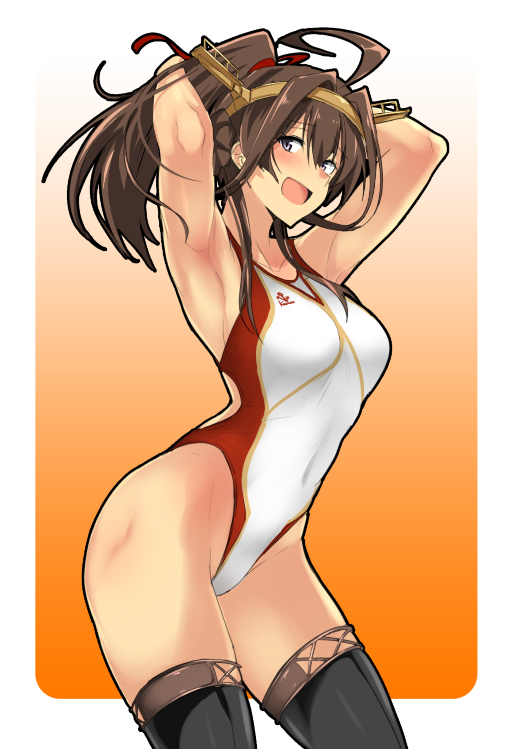 1girl alternate_costume alternate_hairstyle armpits arms_behind_head black_legwear breasts brown_eyes brown_hair competition_swimsuit from_side hair_between_eyes headband highres kantai_collection kongou_(kantai_collection) long_hair looking_at_viewer one-piece_swimsuit ponytail solo swimsuit thigh-highs ulrich_(tagaragakuin) white_swimsuit