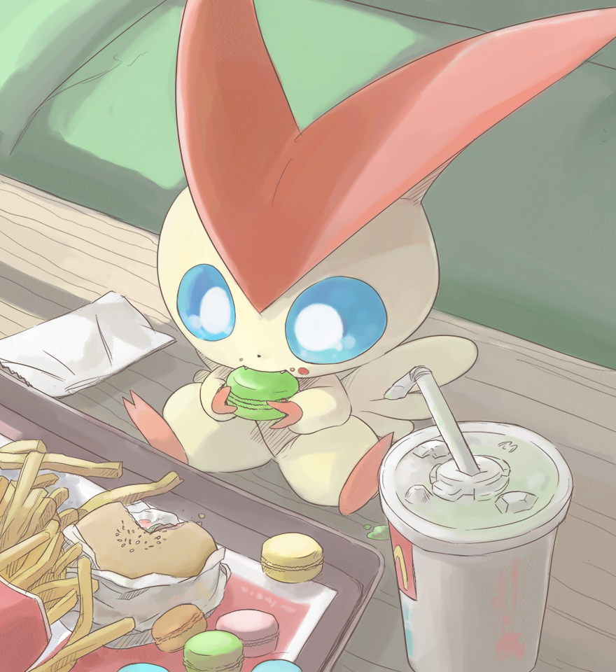 blue_eyes commentary_request drink eating food french_fries hamburger macaron mcdonald's myuutau_tadakichi no_humans pokemon pokemon_(creature) pokemon_(game) pokemon_bw tissue tray victini