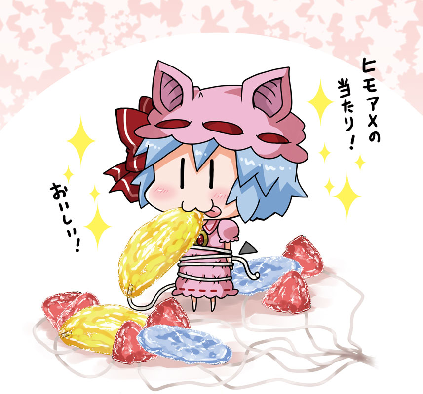 1girl :3 bat_wings blue_hair bound bow brooch chibi commentary detached_sleeves dress hat hat_bow jewelry mob_cap noai_nioshi pink_dress pink_hat puffy_short_sleeves puffy_sleeves red_bow remilia_scarlet short_hair short_sleeves solo string tied_up tongue tongue_out touhou translated wings |_|