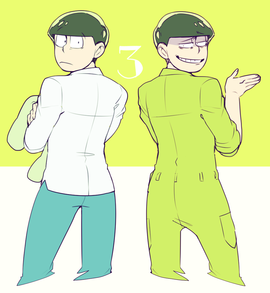 2boys :&lt; arm_up black_hair choromatsu cowboy_shot denim dress_shirt dual_persona from_behind green_background grin hoodie jeans jumpsuit looking_at_viewer male_focus multicolored_background multiple_boys number nyaph osomatsu-kun osomatsu-san pants shaded_face shirt simple_background smile striped striped_background