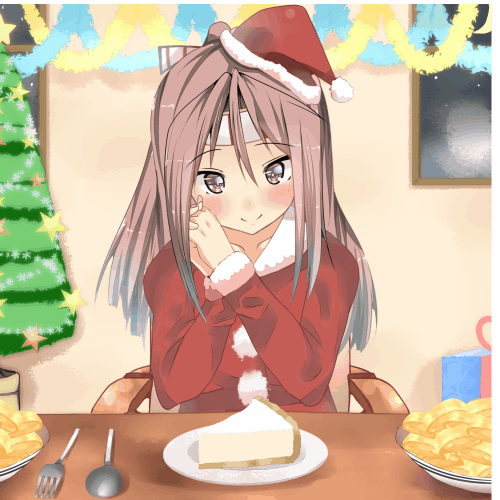 1girl alternate_costume animated animated_gif atsutoku blinking blush box brown_eyes cheesecake christmas christmas_tree commentary_request decorations food fork gift gift_box hachimaki hair_ribbon hands_clasped hat headband high_ponytail interlocked_fingers kantai_collection light_brown_hair long_hair looking_at_viewer lowres omelet plate ponytail ribbon santa_costume santa_hat sitting smile solo spoon star tamagoyaki zuihou_(kantai_collection)