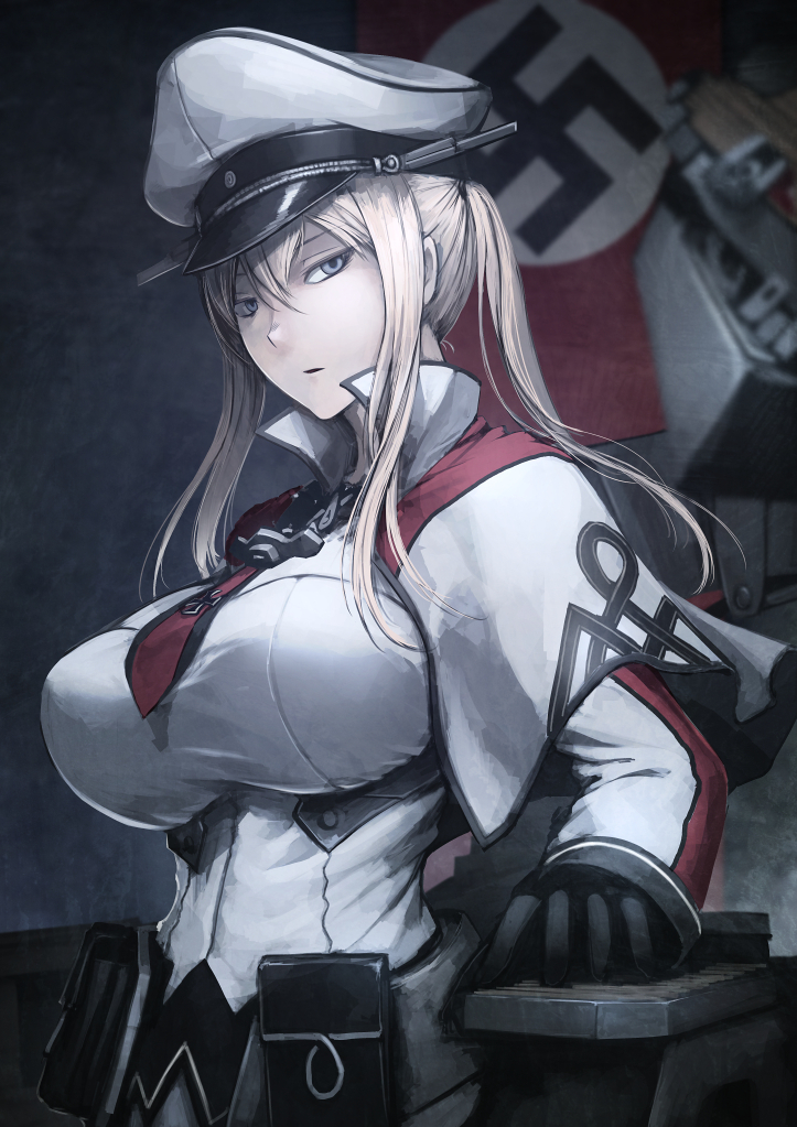 1girl breasts celtic_knot cross gloves graf_zeppelin_(kantai_collection) hair_between_eyes hat hetza_(hellshock) impossible_clothes impossible_shirt jacket kantai_collection large_breasts long_sleeves looking_at_viewer nazi_flag necktie peaked_cap shirt solo swastika