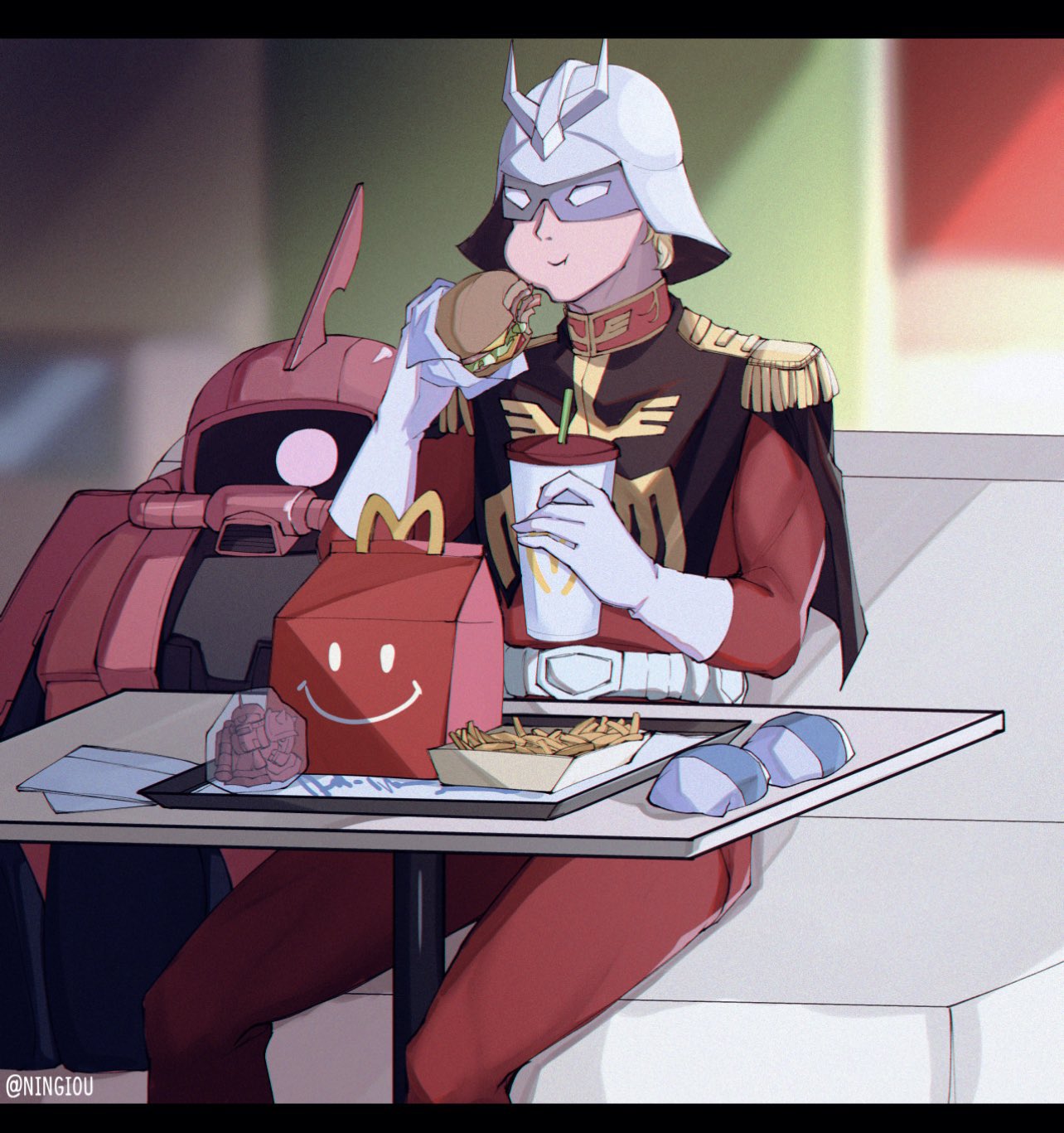 1boy blonde_hair burger char_aznable cup disposable_cup eating english_commentary food french_fries gloves gundam helmet highres holding holding_cup holding_food jacket kyou_(ningiou) male_focus mask mcdonald's mecha mobile_suit mobile_suit_gundam one-eyed pink_eyes red_jacket sitting smile white_gloves zaku_ii_s_char_custom zeon