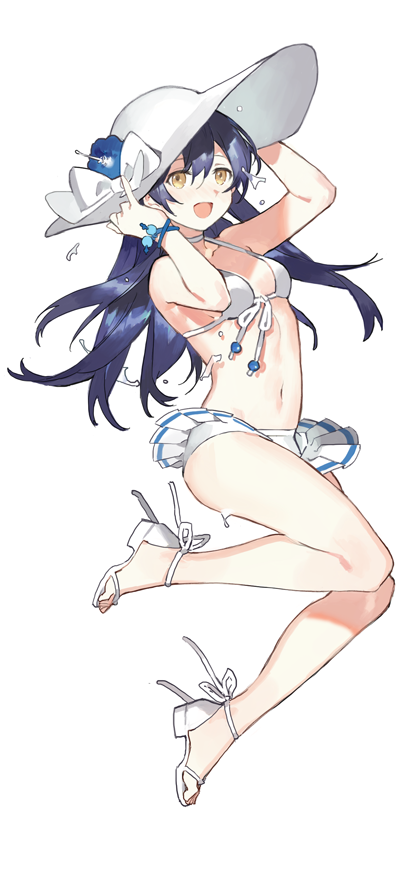 1girl bikini bikini_skirt blue_hair blush bow bracelet brown_eyes flower hand_on_headwear hat hat_bow hat_flower hibiscus jewelry jumping long_hair love_live!_school_idol_project navel open_mouth sandals small_breasts smile solo sonoda_umi starshadowmagician sun_hat swimsuit white_background white_bikini white_swimsuit