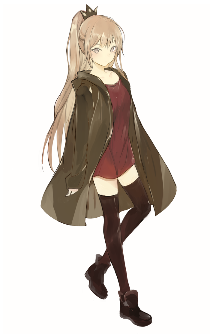 1girl ankle_boots black_boots black_legwear blonde_hair boots brown_eyes coat dress long_coat long_hair long_sleeves looking_at_viewer lp_(hamasa00) one_leg_raised original ponytail red_dress simple_background solo thigh-highs very_long_hair white_background zettai_ryouiki