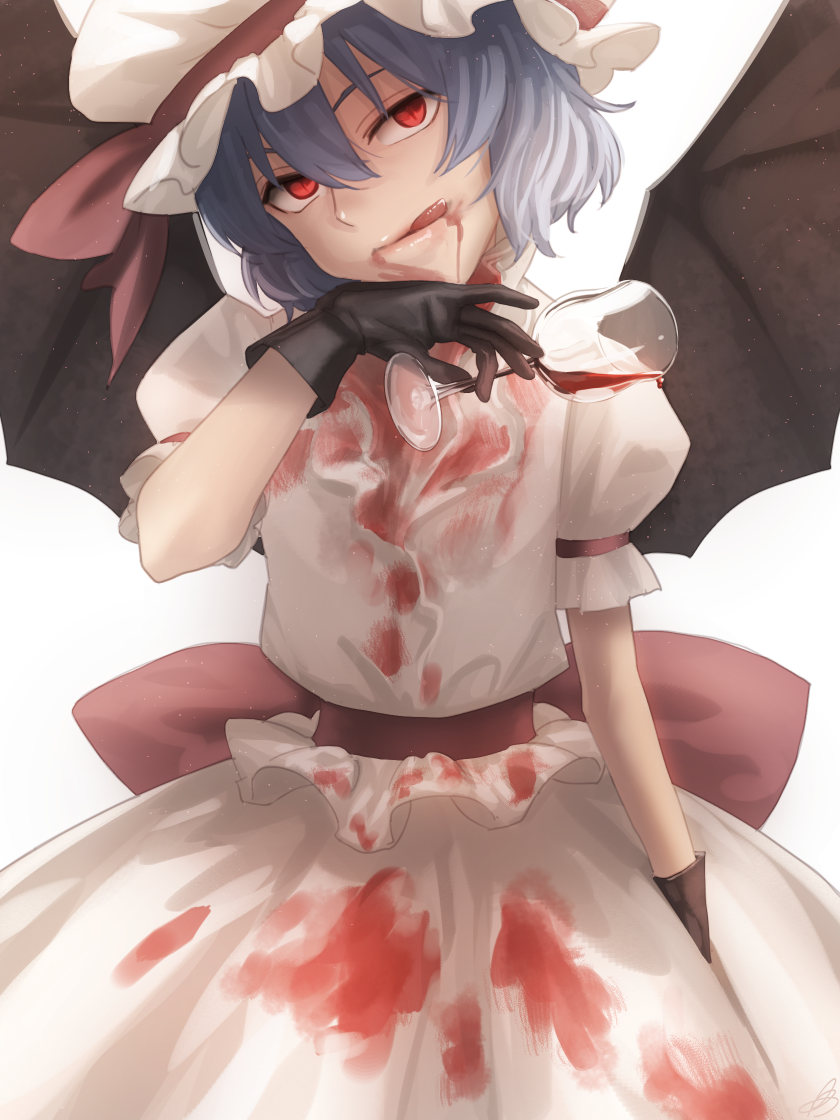 1girl :q amino_(tn7135) blood blood_from_mouth blood_stain blue_hair cowboy_shot cup drinking_glass gloves hat licking_lips lips mob_cap puffy_short_sleeves puffy_sleeves red_eyes remilia_scarlet sash short_hair short_sleeves simple_background skirt skirt_set slit_pupils solo tongue tongue_out touhou white_background wine_glass