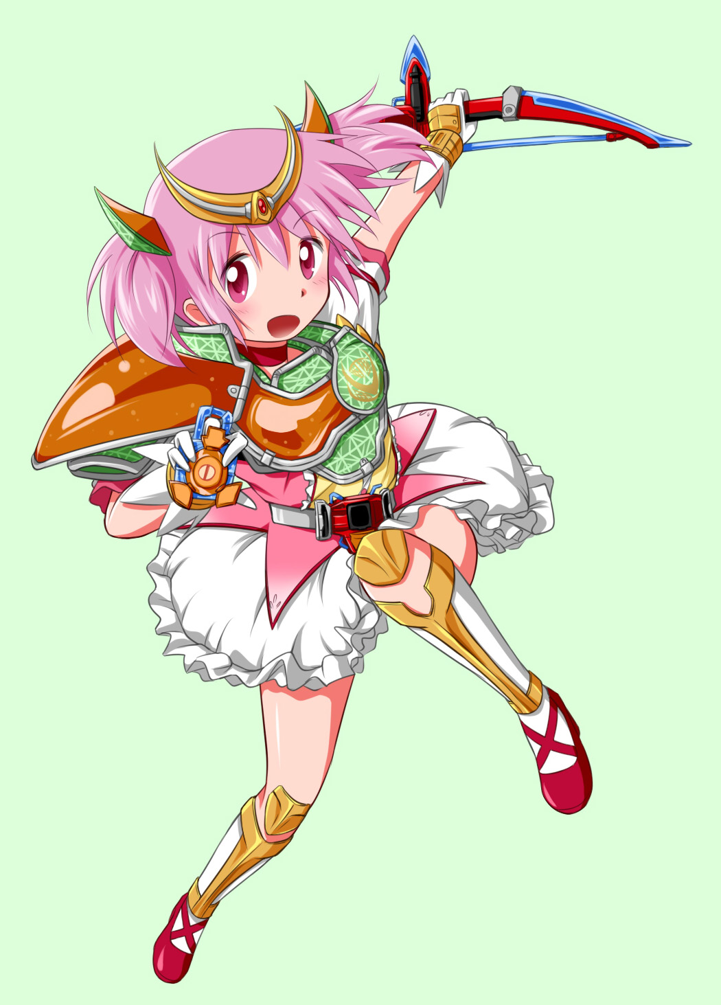 1girl armor bow_(weapon) cosplay crossover female genesis_driver highres kamen_rider kamen_rider_gaim_(series) kamen_rider_zangetsu_shin kaname_madoka kouga_(hipporit) lock_seed magical_girl mahou_shoujo_madoka_magica parody pink_eyes pink_hair rider_belt solo sonic_arrow weapon