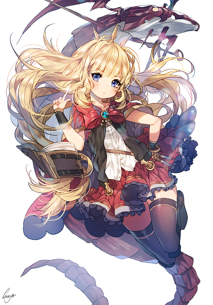 1girl bangs belt black_boots black_legwear blonde_hair blue_eyes blush book boots bow brooch cagliostro_(granblue_fantasy) cape creature dress_shirt frills full_body granblue_fantasy hairband index_finger_raised jewelry lens_flare long_hair looking_at_viewer open_book red_bow red_skirt sad shirt signature simple_background skirt solo sorolp thigh-highs tiara very_long_hair vial violet_eyes white_shirt wrist_cuffs