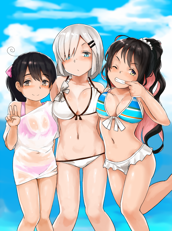 3girls ;) ahoge alternate_hairstyle bare_shoulders bikini black_hair blue_eyes blush breasts clouds commentary_request finger_in_mouth hair_ornament hair_over_one_eye hair_ribbon hairclip hamakaze_(kantai_collection) kantai_collection knees_together_feet_apart large_breasts leg_up long_hair looking_at_viewer multicolored_bikini multicolored_hair multiple_girls naganami_(kantai_collection) navel one_eye_closed pink_bikini pink_hair ponytail ribbon satsuki_neko scrunchie see-through shirt short_hair silver_hair sky smile swimsuit ushio_(kantai_collection) v wet wet_clothes wet_shirt white_bikini white_swimsuit yellow_eyes