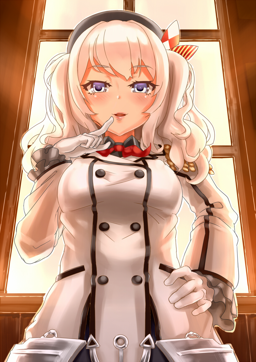 1girl beret blue_eyes blush breasts double-breasted epaulettes finger_to_mouth gloves hand_on_hip hat kantai_collection kashima_(kantai_collection) large_breasts looking_at_viewer military military_jacket military_uniform smile solo twintails uniform white_gloves white_hair yhes70903