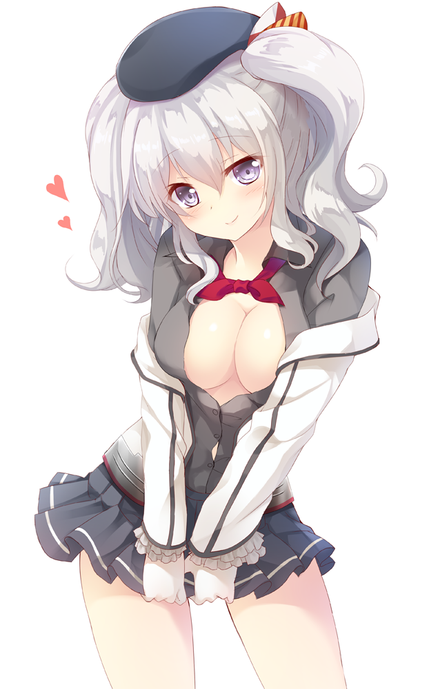 1girl beret blue_eyes blue_skirt bow breasts butterfly cleavage collared_shirt cowboy_shot frilled_sleeves frills gloves hat hat_bow head_tilt heart izumi_akane kantai_collection kashima_(kantai_collection) large_breasts long_sleeves looking_at_viewer military military_uniform miniskirt off_shoulder open_clothes open_shirt pleated_skirt red_ribbon revision ribbon shirt short_hair silver_hair simple_background skirt smile solo standing two_side_up uniform v_arms white_background white_gloves