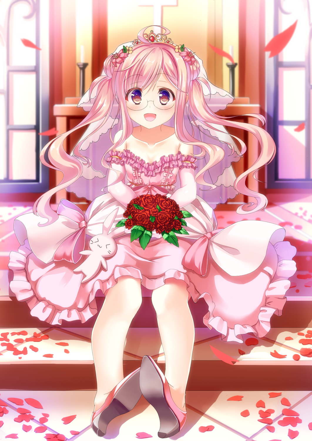 1girl :d ahoge altar bare_shoulders black-framed_glasses blush bouquet bow breasts bridal_veil bride brown_eyes candle church church_interior cleavage collarbone cross dress elbow_gloves flower frills full_body gem glasses gloves hair_flower hair_ornament heterochromia high_heels highres holding_bouquet jewelry kantai_collection long_sleeves looking_at_viewer makigumo_(kantai_collection) no_legwear open_mouth petals pink_bow pink_dress pink_hair pink_ribbon red_rose ribbon rose rose_petals ruby_(stone) sakuranoyukke see-through semi-rimless_glasses sitting smile solo stairs strapless_dress stuffed_animal stuffed_bunny stuffed_toy tiara under-rim_glasses veil violet_eyes wax white_gloves window