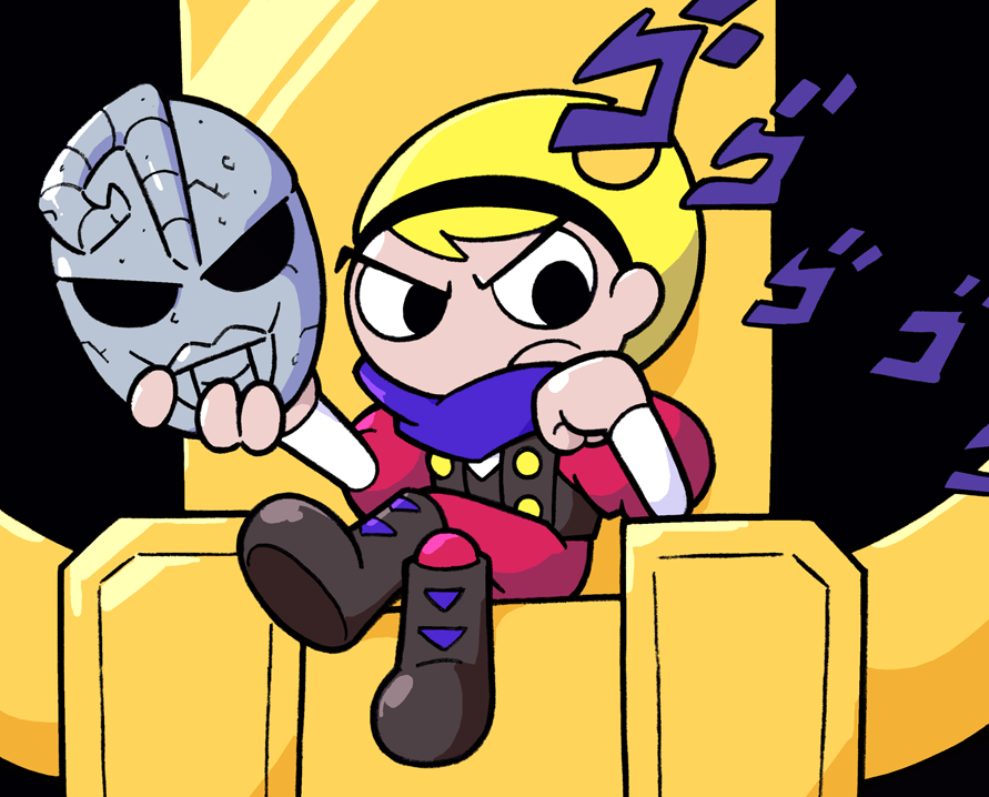 1girl blonde_hair crossover dio_brando dio_brando_(cosplay) japanese jojo_no_kimyou_na_bouken mandy mask shenanimation stone_mask_(jojo) the_grim_adventures_of_billy_&amp;_mandy translation_request