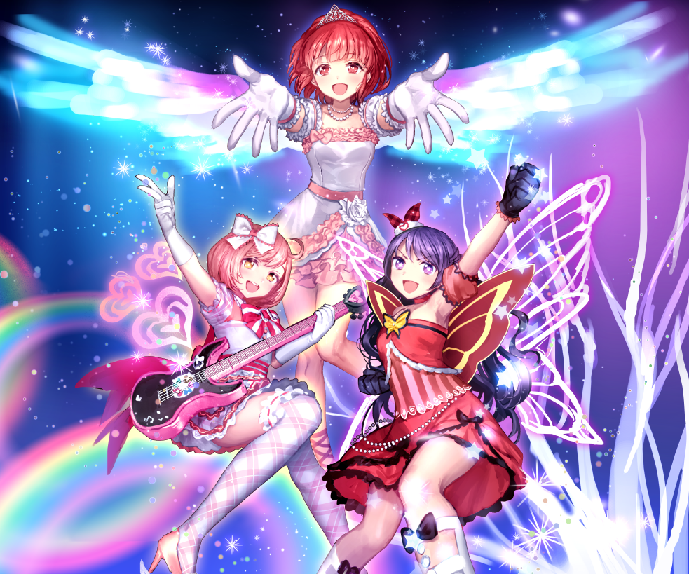 &gt;:d 3girls :d ageha_mia ahoge armpits ayase_naru bare_shoulders bare_tree beads black_gloves blue_hair boots bow bowtie brown_eyes butterfly_wings choker clenched_hand collarbone detached_sleeves dress eyebrows eyebrows_visible_through_hair gem gloves guitar hair_bow hairband harune_aira hat heart high_heels instrument irua jewelry knee_boots knees_together_feet_apart long_hair looking_at_viewer mini_hat multiple_girls musical_note necklace open_mouth outstretched_arms pink_hair pretty_rhythm puffy_sleeves rainbow red_dress red_eyes redhead short_hair smile sparkle star striped thigh-highs tiara tree v very_long_hair violet_eyes white_boots white_bow white_dress white_gloves white_legwear wings zettai_ryouiki