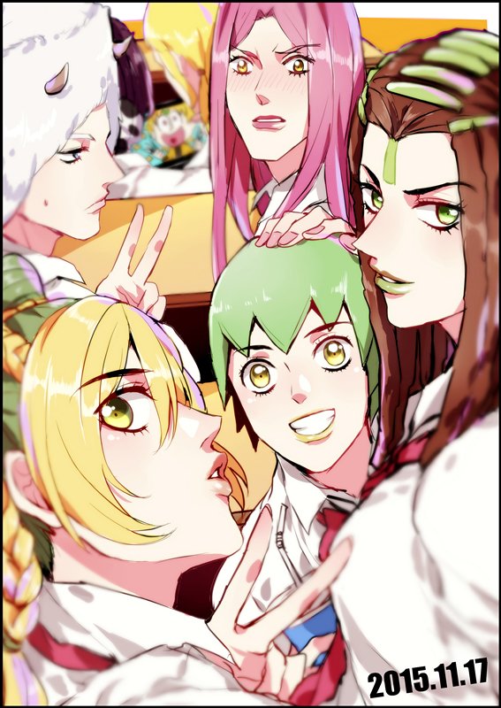 black_border blonde_hair blurry border braid brown_eyes brown_hair cup dated depth_of_field desk double_bun drinking_straw foo_fighters green_eyes green_hair green_lipstick grey_hair grin hand_on_another's_head hermes_costello horns jojo_no_kimyou_na_bouken kuujou_jolyne lipstick long_hair makeup multicolored_hair nail_polish narciso_anasui pink_hair pink_lipstick pink_nails rena_(renasight) school_uniform short_hair smile two-tone_hair v weather_report