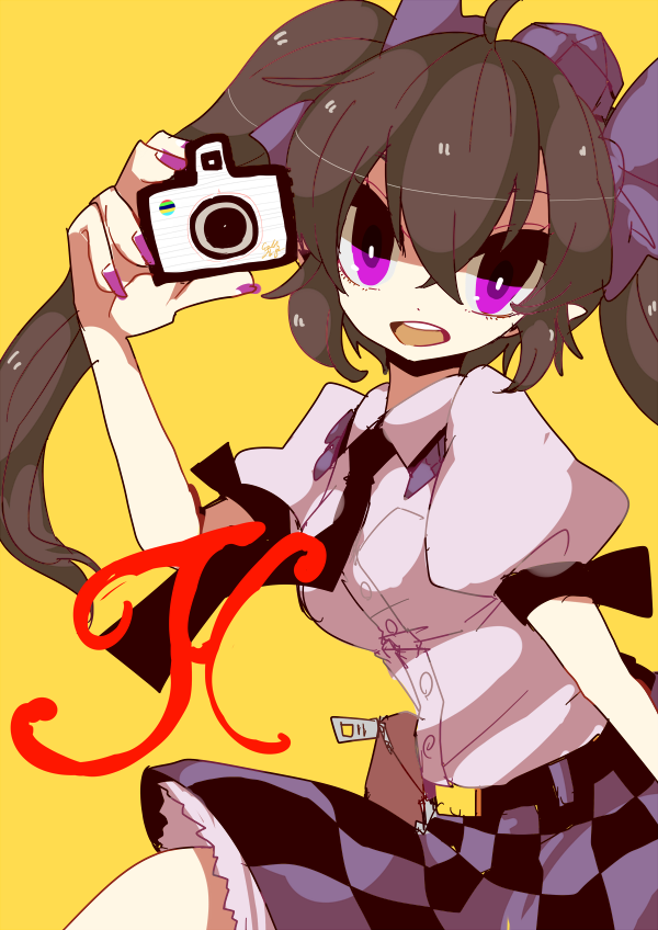1girl belt brown_hair camera checkered checkered_skirt collared_shirt cowboy_shot hair_ribbon hat himekaidou_hatate looking_at_viewer nail_polish necktie ngayope open_mouth pointy_ears pouch puffy_short_sleeves puffy_sleeves purple_nails ribbon shirt short_sleeves skirt solo tokin_hat touhou twintails violet_eyes yellow_background zipper