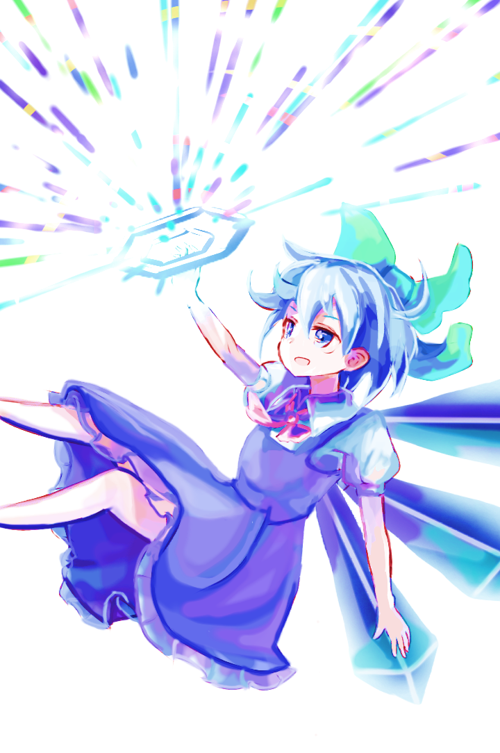 1girl ba9ked blue_dress blue_eyes blue_hair bow cirno collared_shirt crystal dress hair_bow ice_crystal light open_mouth prism puffy_short_sleeves puffy_sleeves reflection ribbon shirt short_hair short_sleeves simple_background smile solo touhou white_background white_shirt