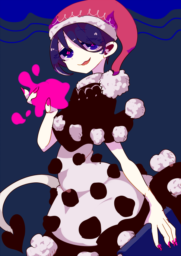 1girl :3 blob blue_background blue_eyes blue_hair book capelet cowboy_shot doremy_sweet dress fur_trim grin hat nail_polish ngayope nightcap open_mouth pink_nails pom_pom_(clothes) short_hair smile solo tail touhou
