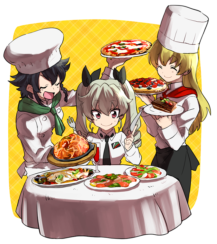 3girls anchovy ascot black_hair blonde_hair brown_eyes cake carpaccio chef chef_hat closed_eyes drill_hair food fork girls_und_panzer green_hair hat knife long_hair multiple_girls oono_imo pepperoni_(girls_und_panzer) pizza short_hair twin_drills twintails