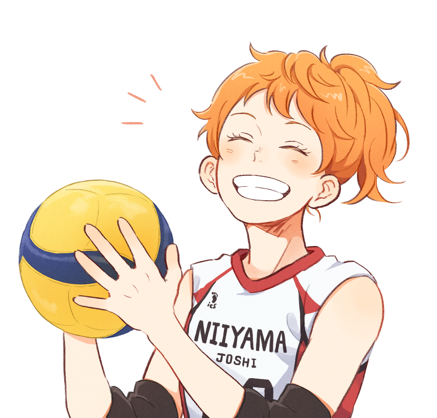 1girl ball blush_stickers closed_eyes commentary_request elbow_pads grin haikyuu!! hinata_natsu holding holding_ball laugh_111 orange_hair ponytail simple_background smile solo sportswear teeth upper_body volleyball volleyball_uniform white_background