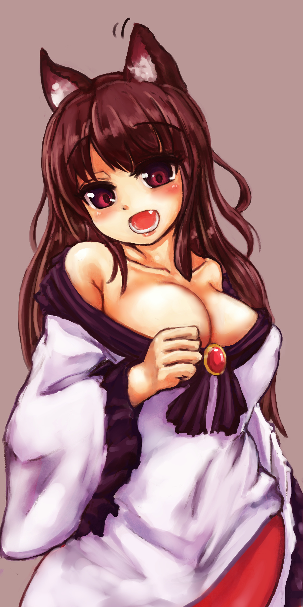 1girl animal_ears blush breasts brooch brown_hair cleavage collarbone dress fang grey_background highres imaizumi_kagerou jewelry kaabon_meshi large_breasts long_hair long_sleeves looking_at_viewer open_mouth red_eyes simple_background solo touhou wolf_ears