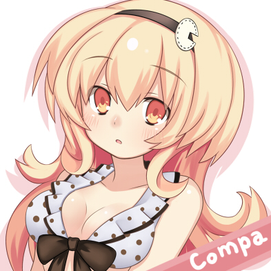 1girl blonde_hair blush character_name compa hair_ornament hairband long_hair lowres meimu_(infinity) neptune_(series) solo swimsuit