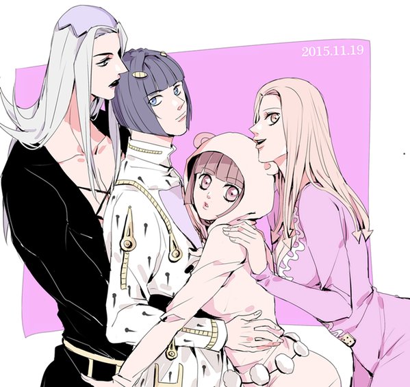 2boys 2girls blonde_hair bruno_bucciarati hat higashikata_daiya higashikata_hato jojo_no_kimyou_na_bouken jojolion leone_abbachio look-alike multiple_boys multiple_girls rena_(renasight)