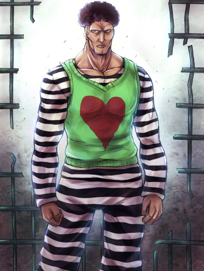 1boy clenched_hand collarbone heart inaba-no-kuni-tottori iron_bars looking_at_viewer muscle onepunch_man prison_clothes puri_puri_prisoner solo striped_clothes