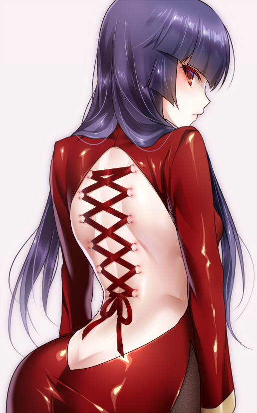 1girl akira_(natsumemo) ass back black_legwear blue_hair blush body_piercings butt_crack corset_piercing dress long_hair long_sleeves looking_at_viewer looking_back multiple_piercings natsume_(pokemon) pantyhose piercing pokemon pokemon_(game) purple_hair red_dress red_eyes ribbon shiny shiny_clothes side_slit simple_background solo